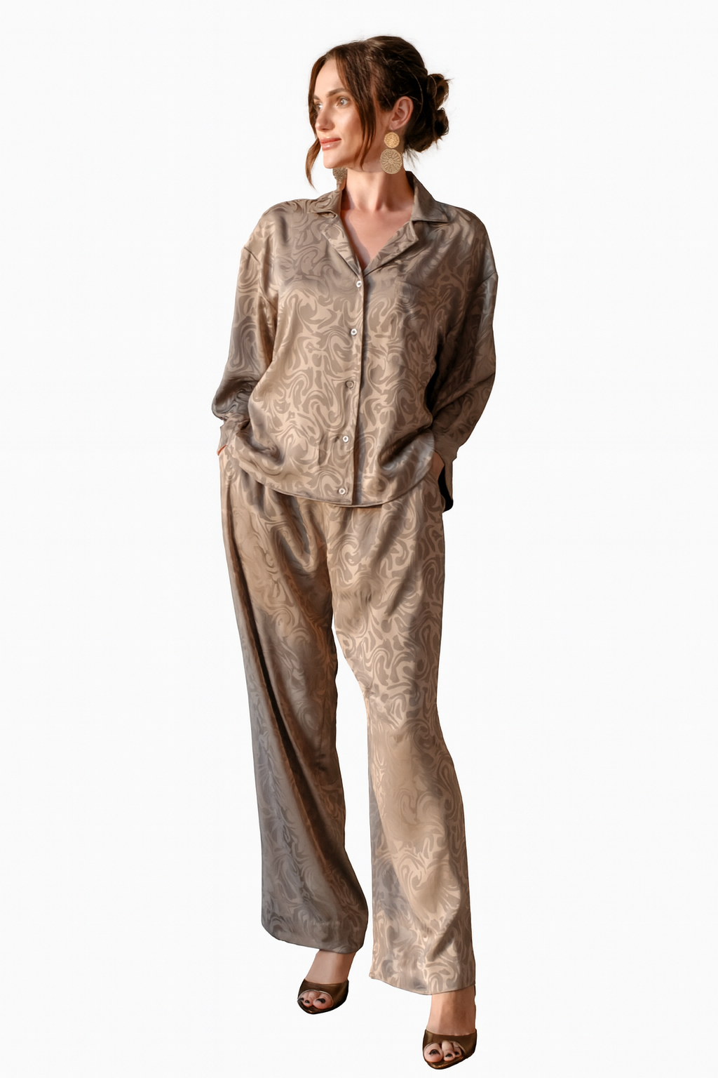 Brown Jacquard satin set